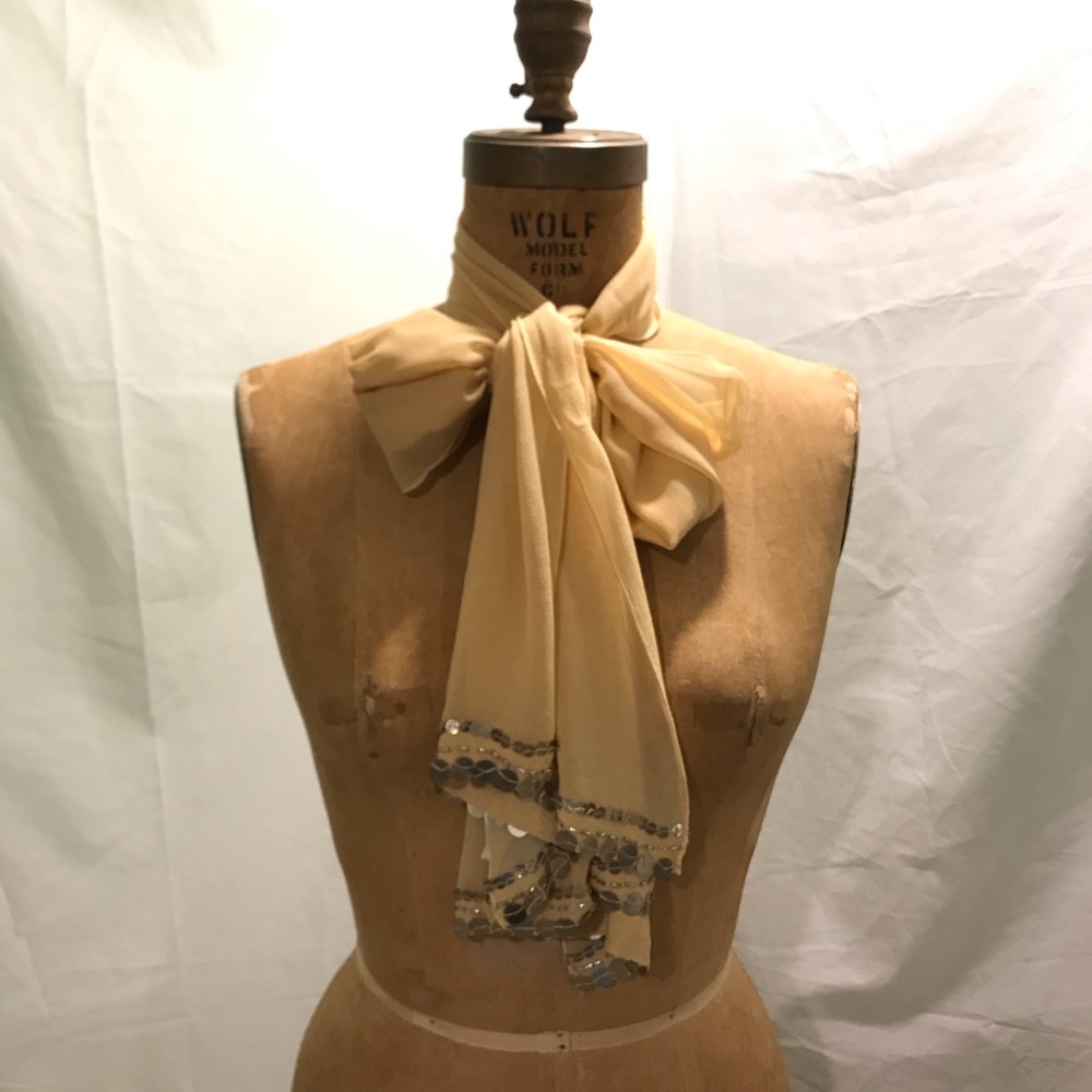NWT Viviana Uchitel Beige scarf 68”x18” gold shawl